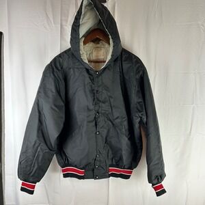 VTG DeLong Black w/ Red Bands Quilted Lined Hooded Bomber Jacket Size Large USA